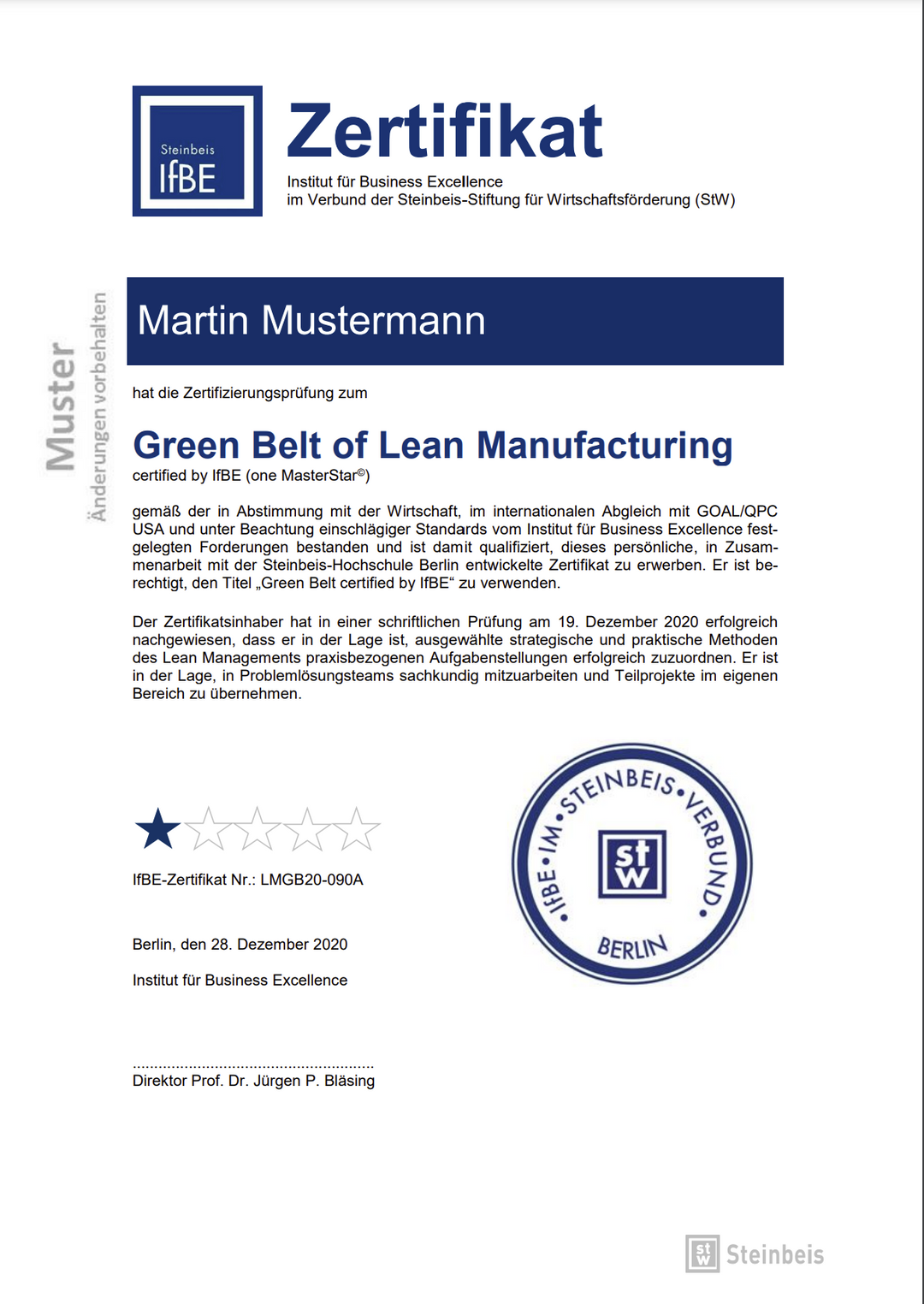 Zertifikatsprüfung Beauftragter/Assistent für Lean Manufacturing (Green Belt of LM)
